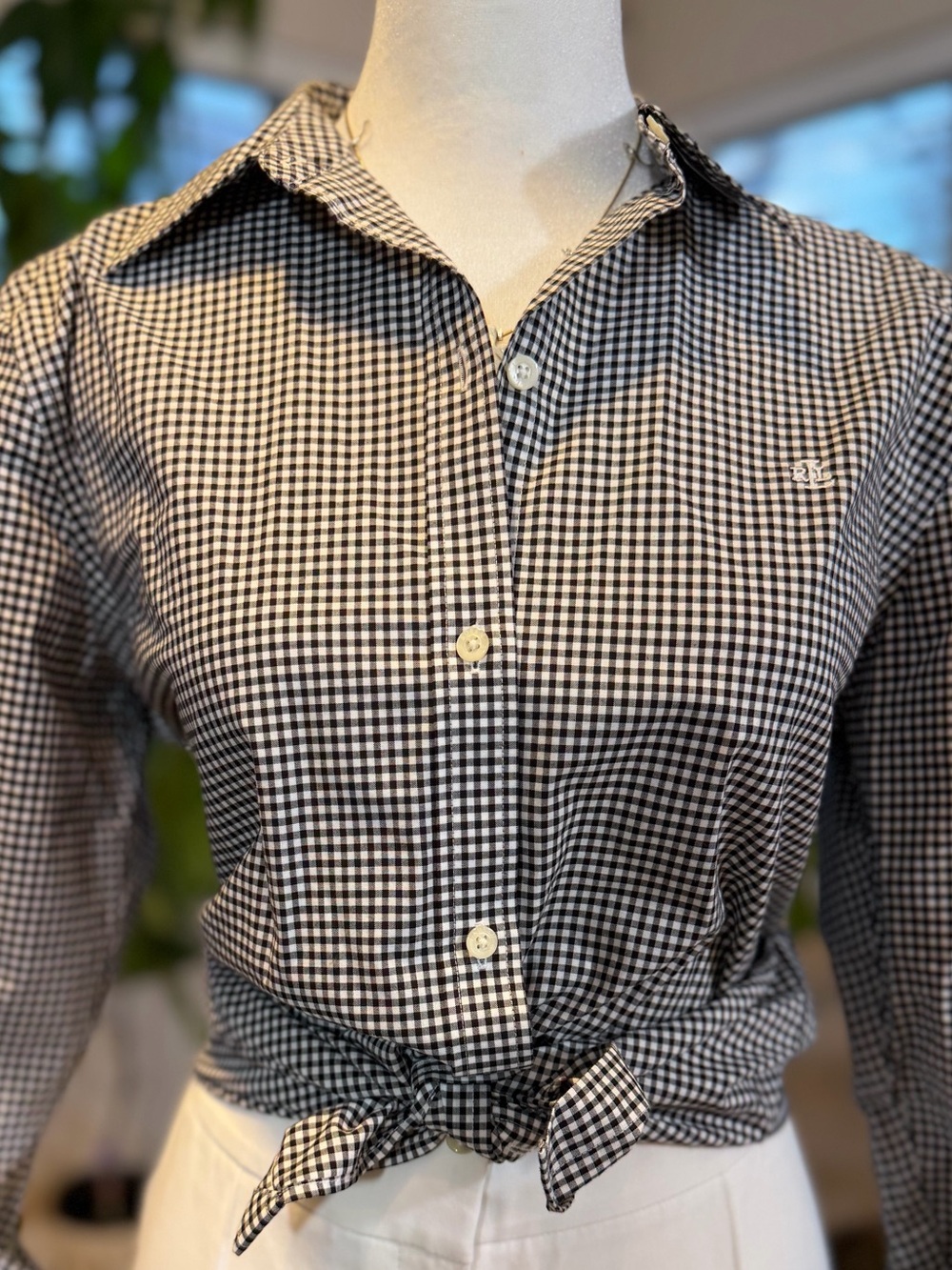 Lauren Ralph Lauren GINGHAM Button Up Shirt Top Black White Cotton Size S Preppy - Picture 2 of 10
